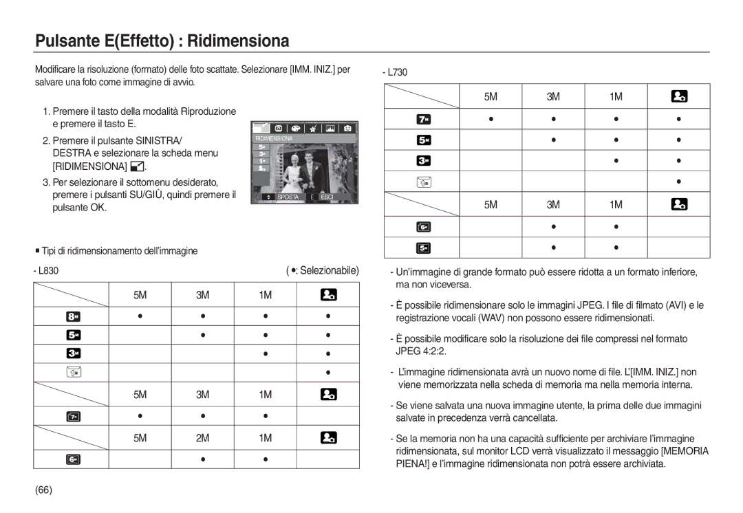 Samsung EC-L830ZBDA/E3, EC-L830ZBBA/E1 manual Pulsante EEffetto Ridimensiona, Tipi di ridimensionamento dell’immagine L830 