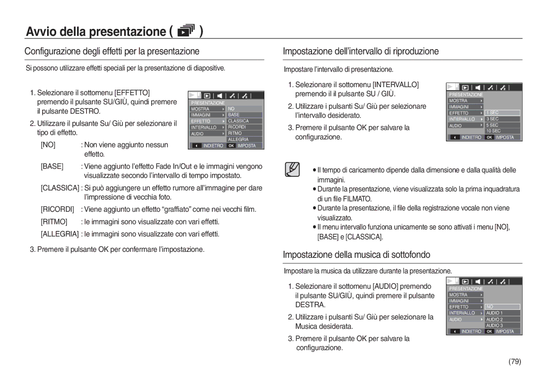 Samsung EC-L830ZBBA/E1 Configurazione degli effetti per la presentazione, Impostazione dell’intervallo di riproduzione 