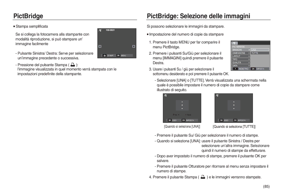 Samsung EC-L730ZRBA/E1, EC-L830ZBBA/E1, EC-L830ZRBA/E1 manual PictBridge PictBridge Selezione delle immagini, Menu PictBridge 