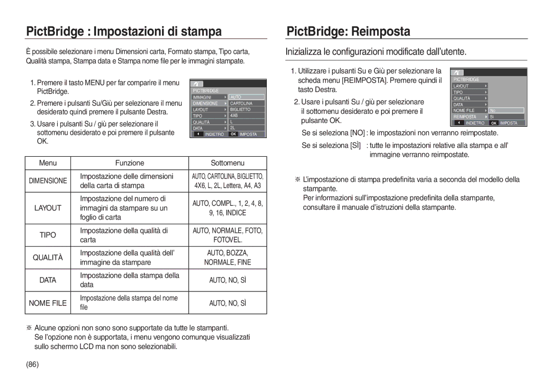 Samsung EC-L730ZBDA/E3, EC-L830ZBBA/E1, EC-L830ZRBA/E1 manual PictBridge Impostazioni di stampa, PictBridge Reimposta 