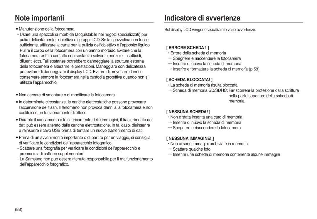 Samsung EC-L730ZSBA/E1, EC-L830ZBBA/E1, EC-L830ZRBA/E1 manual Indicatore di avvertenze, Manutenzione della fotocamera 