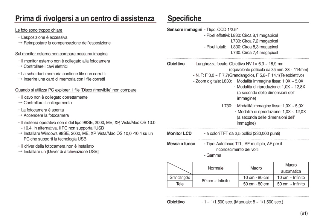 Samsung EC-L830ZSBA/IT, EC-L830ZBBA/E1, EC-L830ZRBA/E1, EC-L730ZSDA/E3 Specifiche, Monitor LCD, Messa a fuoco, Obiettivo 