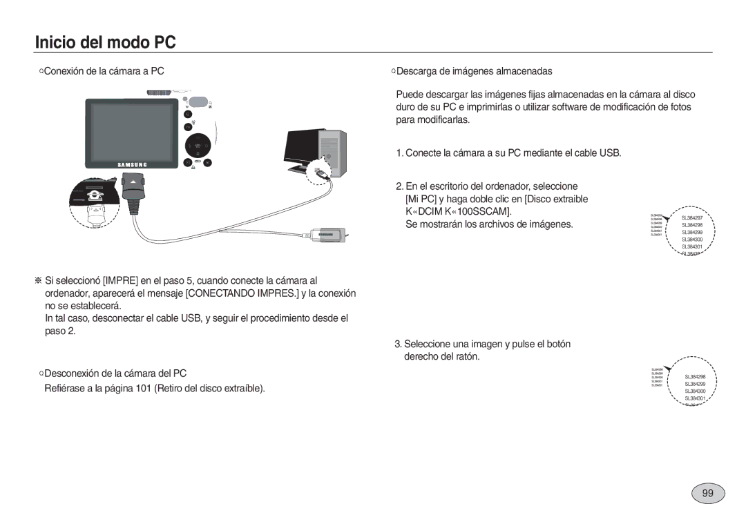 Samsung EC-L830ZSBA/E1, EC-L830ZBBA/E1, EC-L830ZRBA/E1, EC-L730ZSDA/E3, EC-L830ZBDA/E3, EC-L830ZSDA/E3 manual Inicio del modo PC 