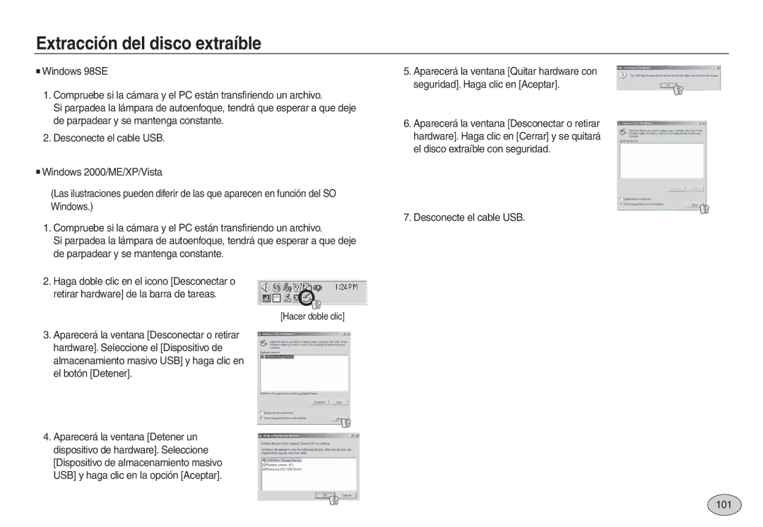 Samsung EC-L730ZRBA/E1, EC-L830ZBBA/E1, EC-L830ZRBA/E1 manual Extracción del disco extraíble, Desconecte el cable USB 101 