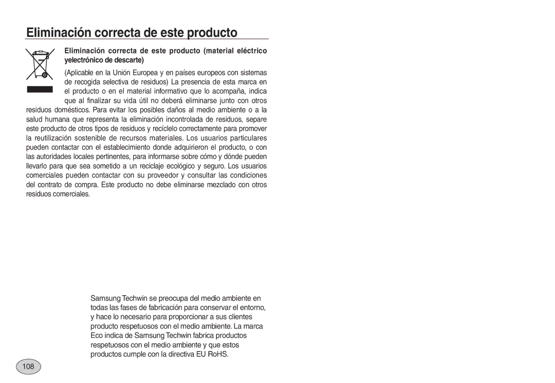 Samsung EC-L830ZBBB/E1, EC-L830ZBBA/E1, EC-L830ZRBA/E1, EC-L730ZSDA/E3 manual Eliminación correcta de este producto, 108 