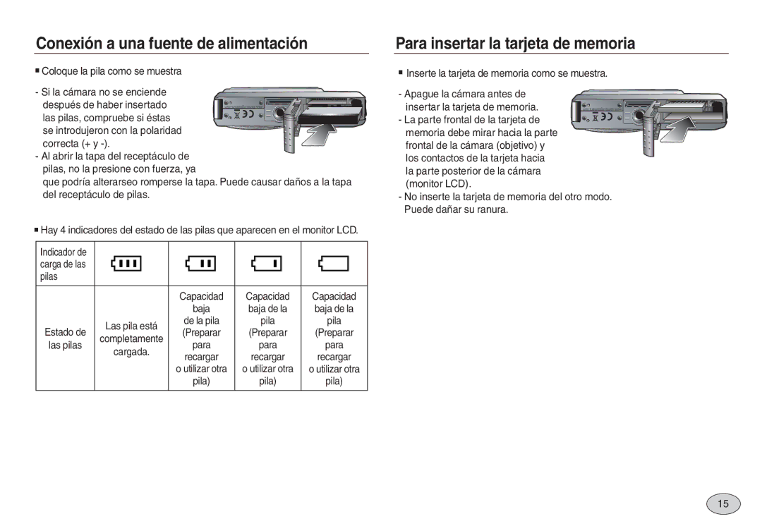 Samsung EC-L830ZSBA/AS manual Para insertar la tarjeta de memoria, Pilas, Inserte la tarjeta de memoria como se muestra 