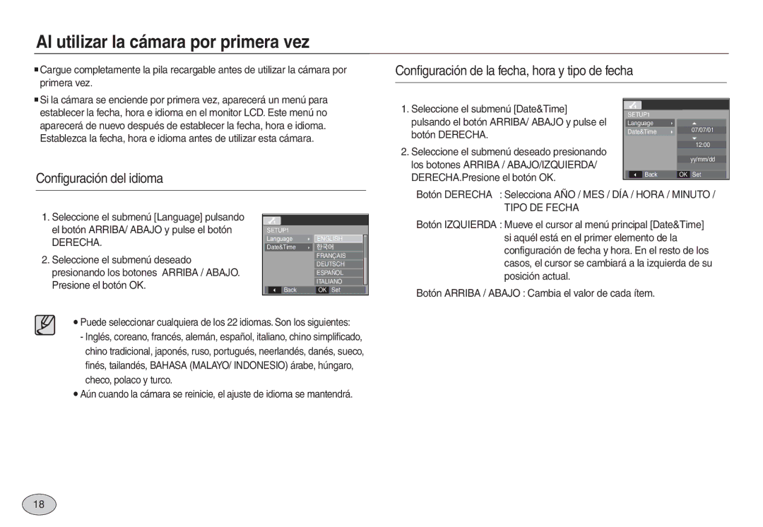 Samsung EC-L730ZBBA/GB Al utilizar la cámara por primera vez, Configuración de la fecha, hora y tipo de fecha, Derecha 