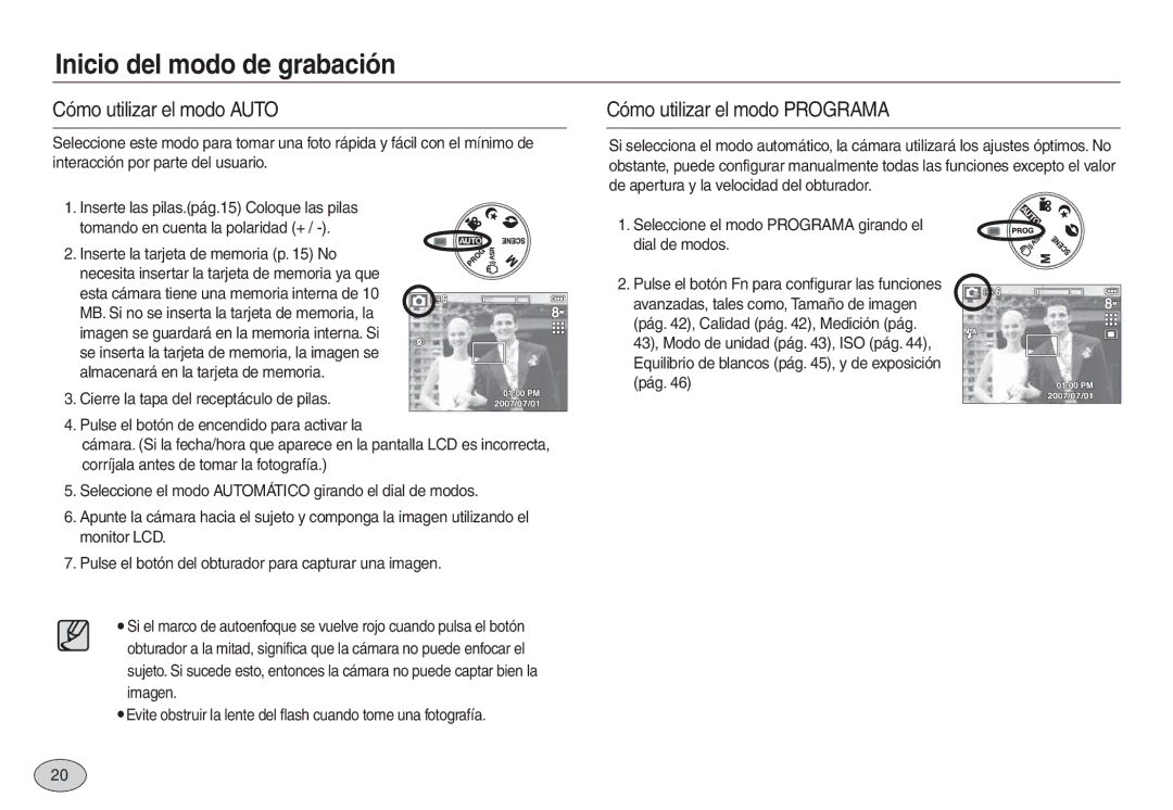 Samsung EC-L730ZRBA/AS manual Inicio del modo de grabación, Cómo utilizar el modo Auto, Cómo utilizar el modo Programa 