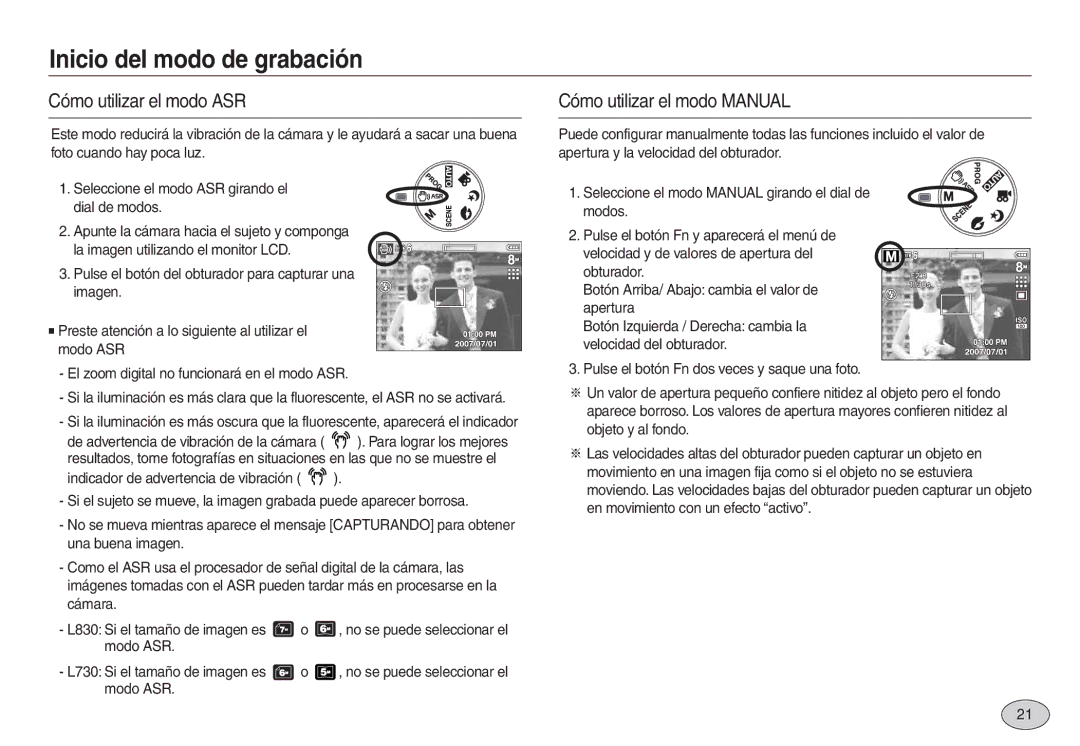 Samsung EC-L730ZBBB/E1, EC-L830ZBBA/E1, EC-L830ZRBA/E1 manual Cómo utilizar el modo ASR, Cómo utilizar el modo Manual 