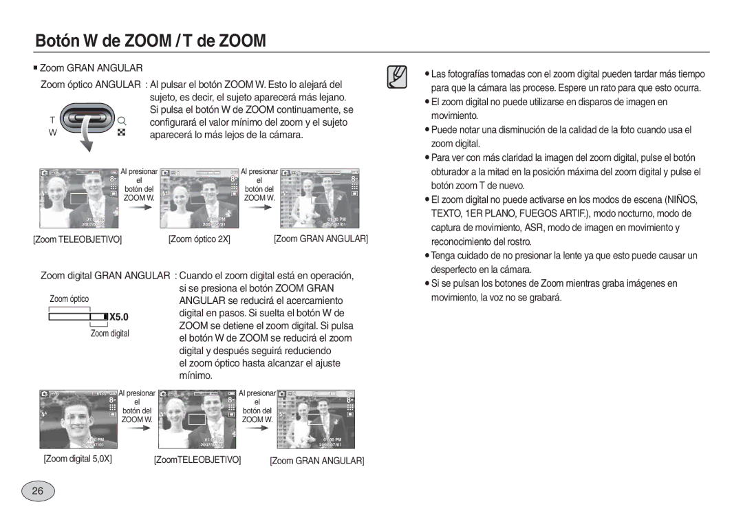 Samsung EC-L830ZSBC/E1, EC-L830ZBBA/E1 manual Zoom Teleobjetivo Zoom óptico, Zoom óptico Zoom digital, Zoom digital 5,0X 