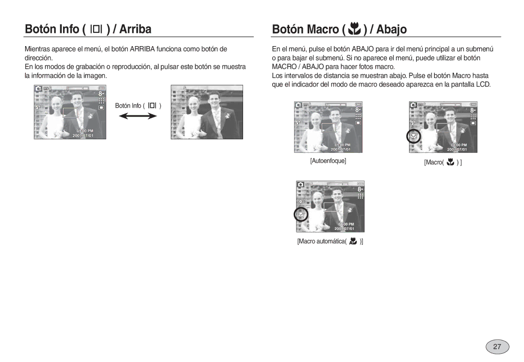 Samsung EC-L830ZBBA/AS, EC-L830ZBBA/E1 manual Arriba Botón Macro / Abajo, Botón Info, Autoenfoque Macro Macro automática 