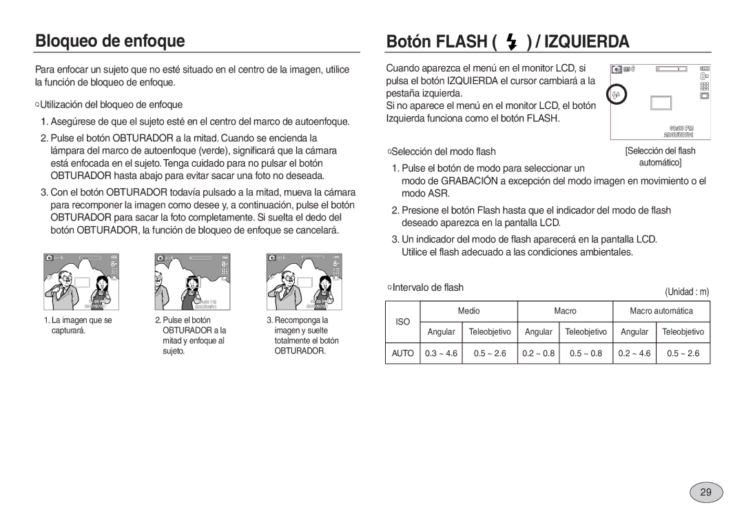 Samsung EC-L730ZSBB/E1, EC-L830ZBBA/E1, EC-L830ZRBA/E1, EC-L730ZSDA/E3 manual Bloqueo de enfoque, Botón Flash / Izquierda 