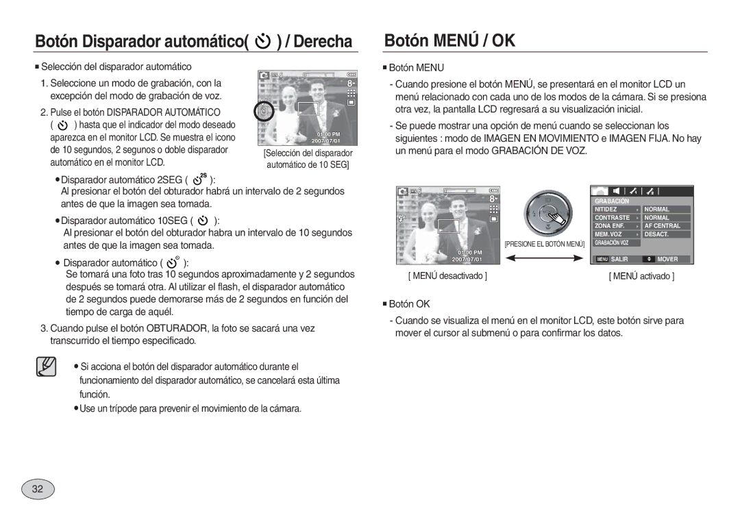 Samsung EC-L830ZRBA/E1 manual Botón Menú / OK, Selección del disparador automático, Pulse el botón Disparador Automático 