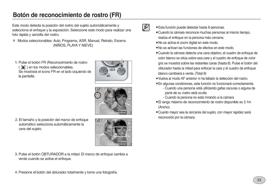 Samsung EC-L730ZSDA/E3, EC-L830ZBBA/E1, EC-L830ZRBA/E1 manual Botón de reconocimiento de rostro FR, NIÑOS, Playa Y Nieve 