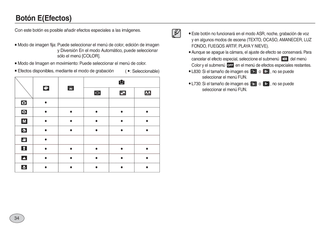 Samsung EC-L830ZBDA/E3, EC-L830ZBBA/E1 manual Botón EEfectos, Cancelar el efecto especial, seleccione el submenú del menú 