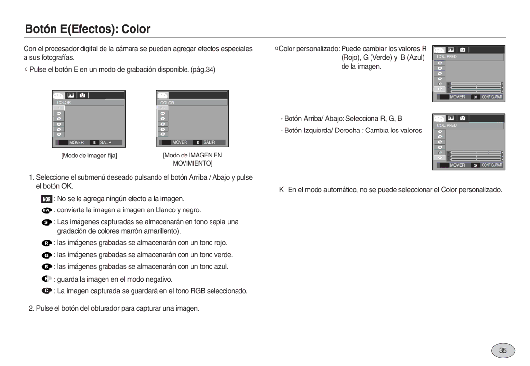 Samsung EC-L830ZSBA/E1 manual Botón EEfectos Color, Sus fotografías Rojo, G Verde y B Azul, Modo de imagen fija, Movimiento 