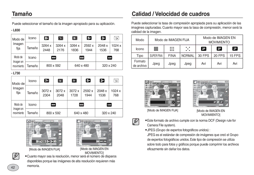 Samsung EC-L730ZRDA/E1, EC-L830ZBBA/E1, EC-L830ZRBA/E1, EC-L730ZSDA/E3, EC-L830ZBDA/E3 Tamaño, Calidad / Velocidad de cuadros 