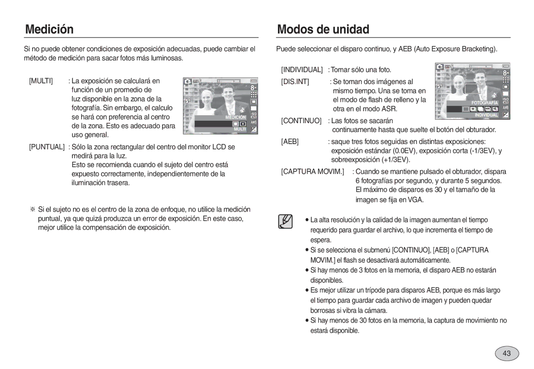 Samsung EC-L730ZBBC/E1, EC-L830ZBBA/E1, EC-L830ZRBA/E1, EC-L730ZSDA/E3, EC-L830ZBDA/E3 manual Medición, Modos de unidad 