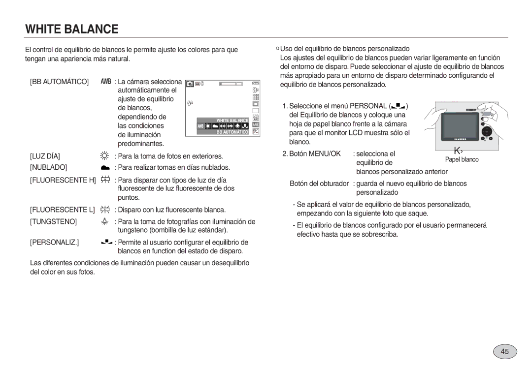 Samsung EC-L730ZSBA/AS, EC-L830ZBBA/E1, EC-L830ZRBA/E1 manual BB Automático, Luz Día, Nublado, Tungsteno, Personaliz 