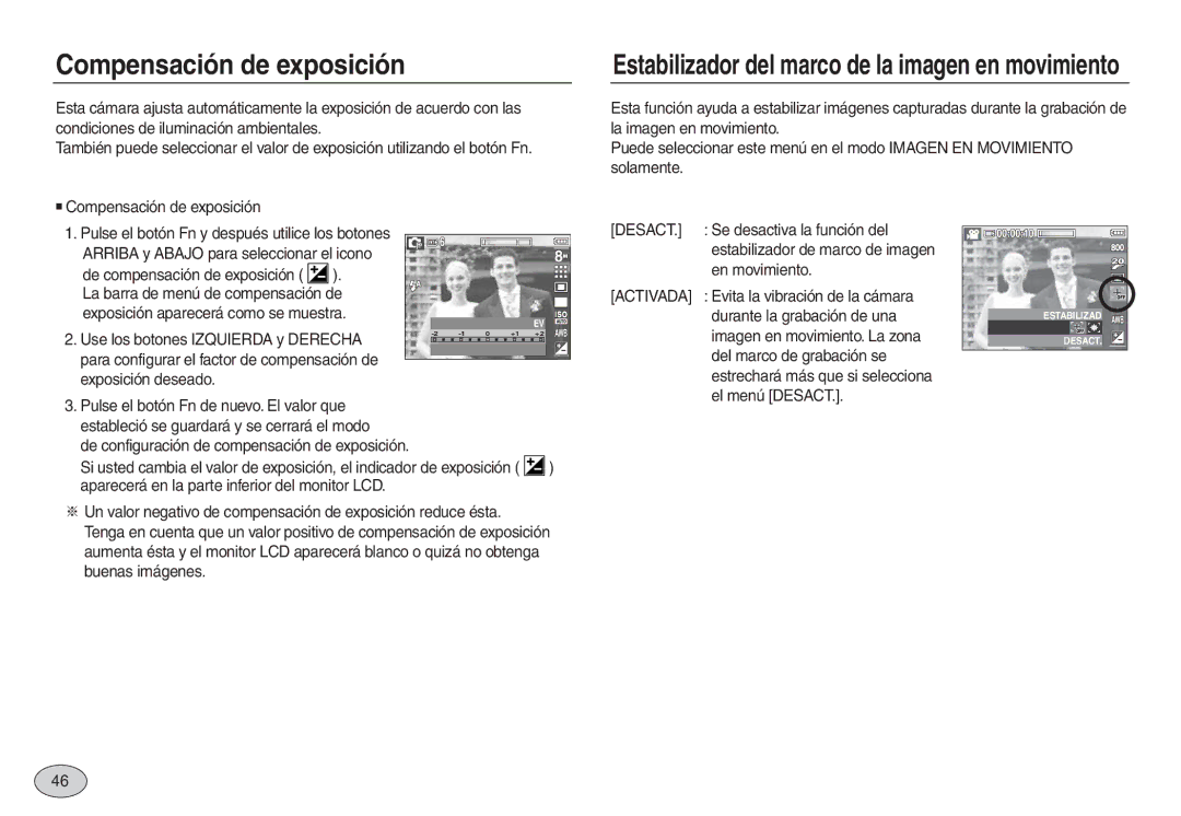 Samsung EC-L830ZSBB/E1, EC-L830ZBBA/E1, EC-L830ZRBA/E1, EC-L730ZSDA/E3 manual Compensación de exposición, Desact, Activada 