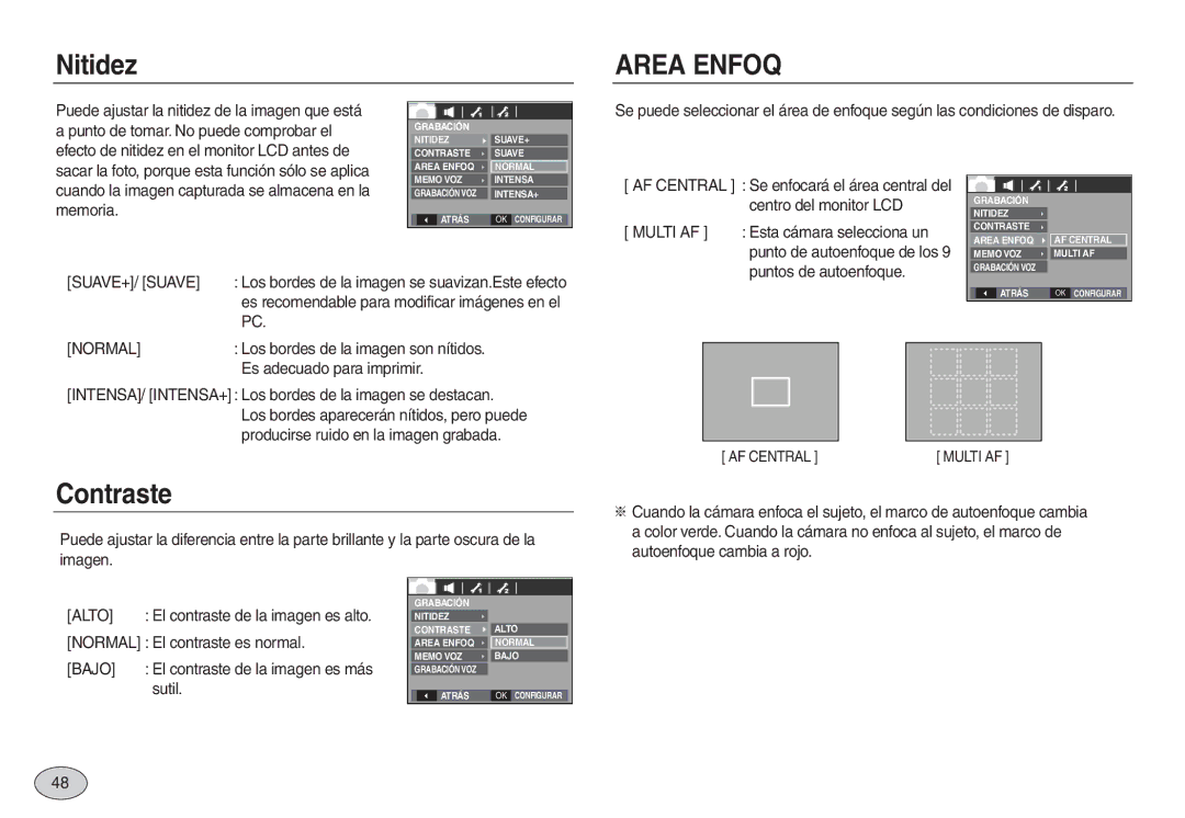 Samsung EC-L830ZSBA/GB, EC-L830ZBBA/E1, EC-L830ZRBA/E1, EC-L730ZSDA/E3, EC-L830ZBDA/E3, EC-L830ZSBA/E1 manual Nitidez, Contraste 