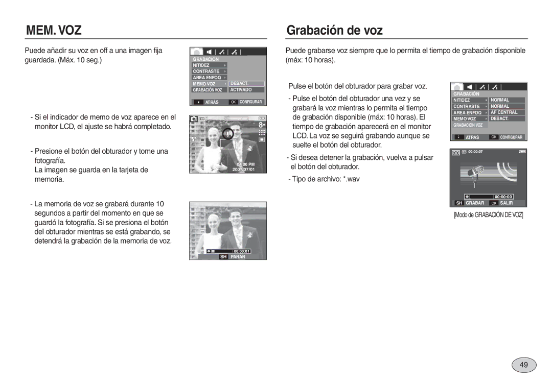 Samsung EC-L730ZRBB/E1, EC-L830ZBBA/E1, EC-L830ZRBA/E1 manual Grabación de voz, Pulse el botón del obturador para grabar voz 