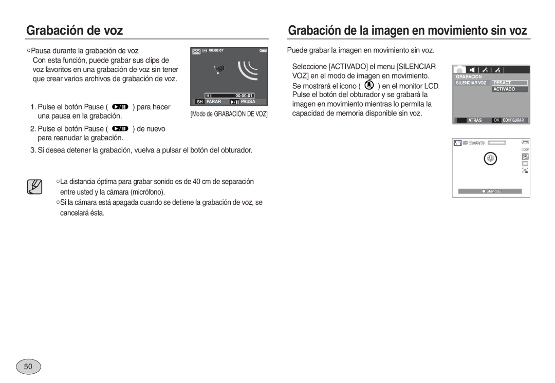 Samsung EC-L730ZBBA/GB manual Pausa durante la grabación de voz, Pulse el botón Pause para hacer una pausa en la grabación 