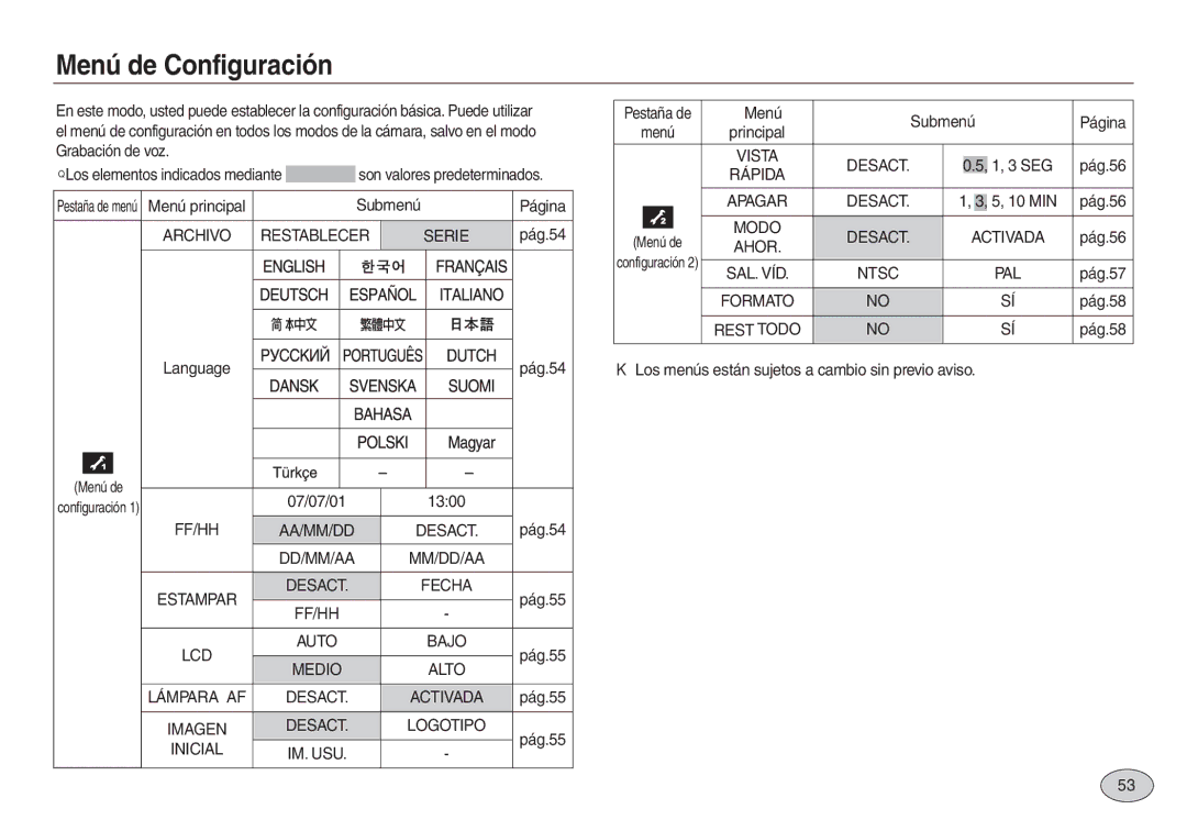 Samsung EC-L730ZBBB/E1, EC-L830ZBBA/E1, EC-L830ZRBA/E1, EC-L730ZSDA/E3 manual Menú de Configuración, Menú Submenú 