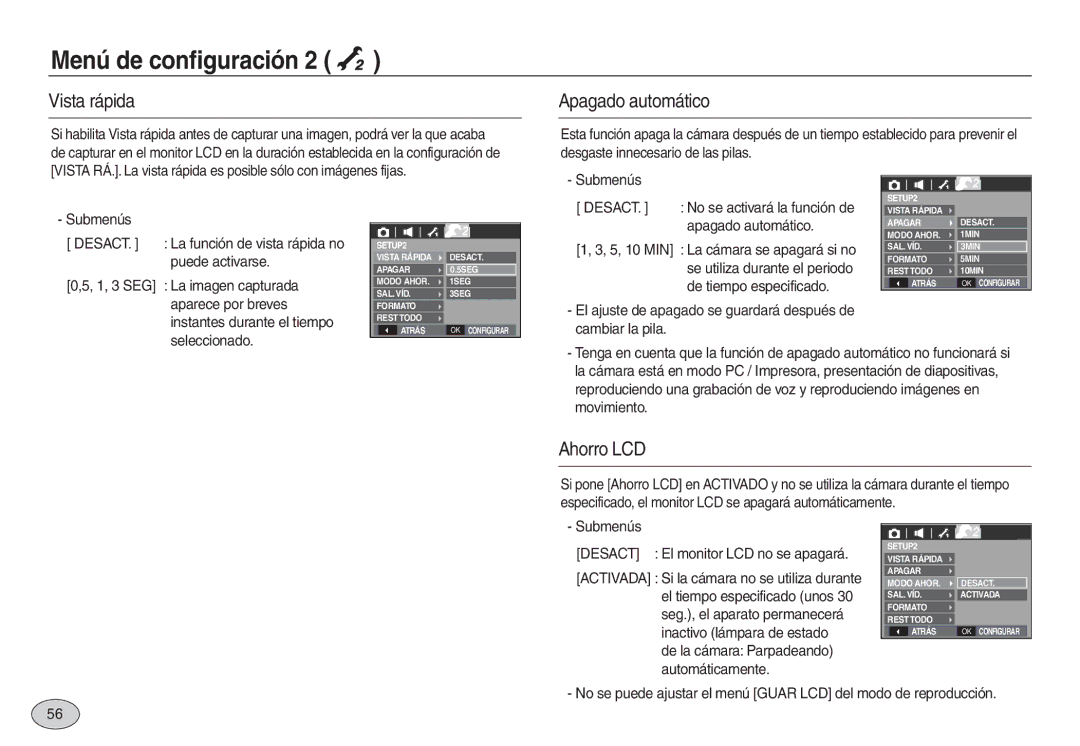 Samsung EC-L830ZRBB/E1 manual Vista rápida, Apagado automático, Ahorro LCD, Submenús Desact El monitor LCD no se apagará 