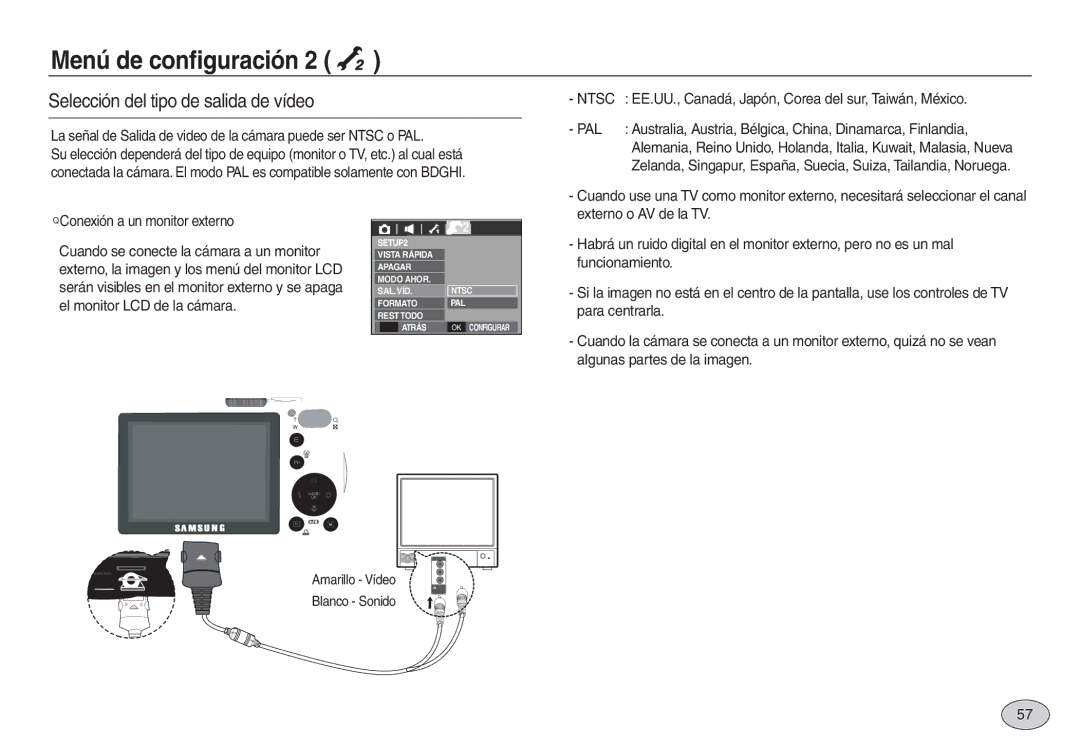 Samsung EC-L730ZSBA/GB, EC-L830ZBBA/E1, EC-L830ZRBA/E1, EC-L730ZSDA/E3 manual Selección del tipo de salida de vídeo, Ntsc, Pal 