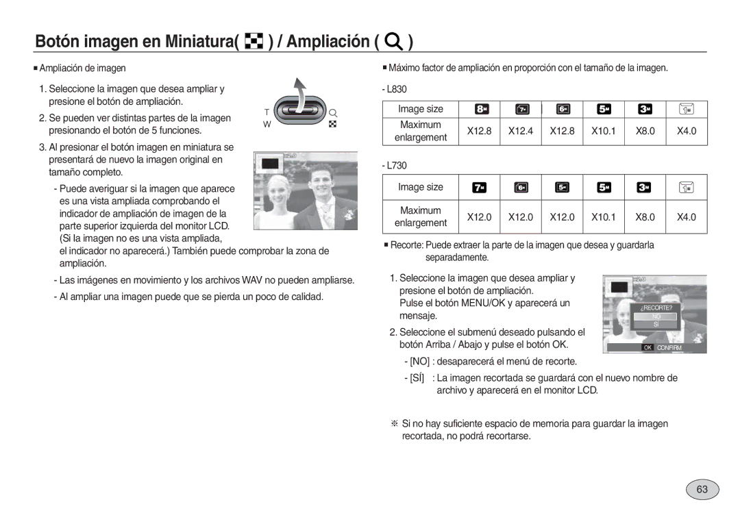 Samsung EC-L830ZBBA/E1, EC-L830ZRBA/E1, EC-L730ZSDA/E3, EC-L830ZBDA/E3, EC-L830ZSBA/E1 Botón imagen en Miniatura / Ampliación 