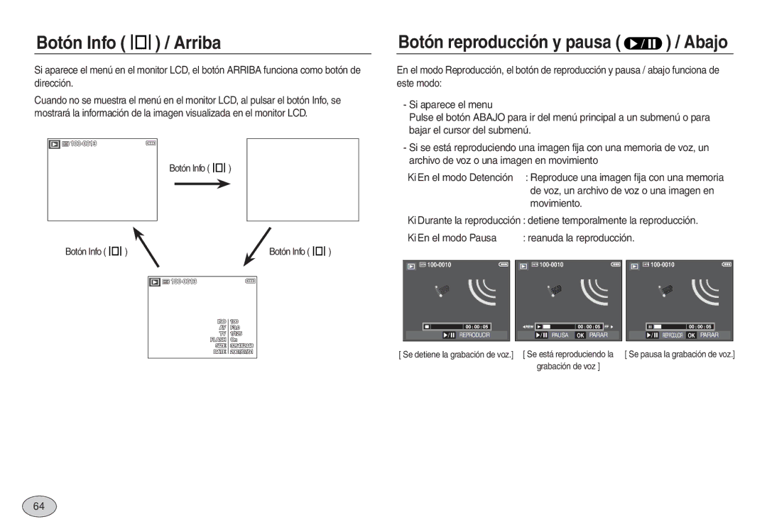 Samsung EC-L830ZRBA/E1, EC-L830ZBBA/E1, EC-L730ZSDA/E3 manual Botón Info / Arriba, Botón reproducción y pausa / Abajo 