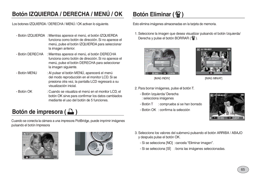 Samsung EC-L730ZSDA/E3, EC-L830ZBBA/E1 manual Botón Eliminar, Botón de impresora, Botón Izquierda / Derecha / Menú / OK 