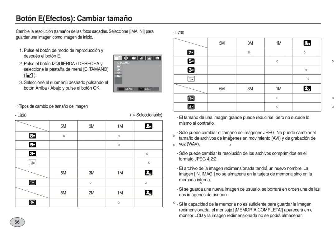 Samsung EC-L830ZBDA/E3, EC-L830ZBBA/E1, EC-L830ZRBA/E1, EC-L730ZSDA/E3, EC-L830ZSBA/E1 manual Botón EEfectos Cambiar tamaño 