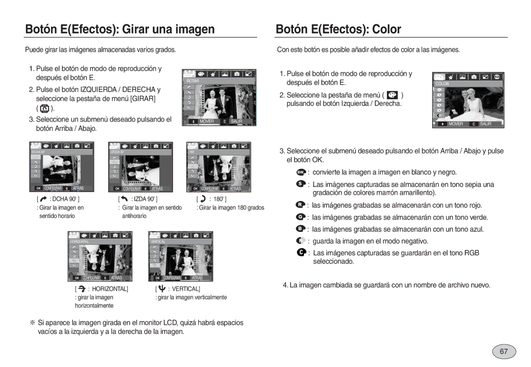 Samsung EC-L830ZSBA/E1, EC-L830ZBBA/E1, EC-L830ZRBA/E1, EC-L730ZSDA/E3 Botón EEfectos Girar una imagen Botón EEfectos Color 