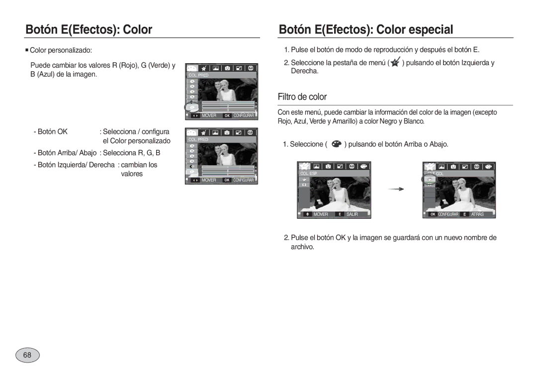 Samsung EC-L830ZSDA/E3, EC-L830ZBBA/E1, EC-L830ZRBA/E1 Botón EEfectos Color Botón EEfectos Color especial, Filtro de color 