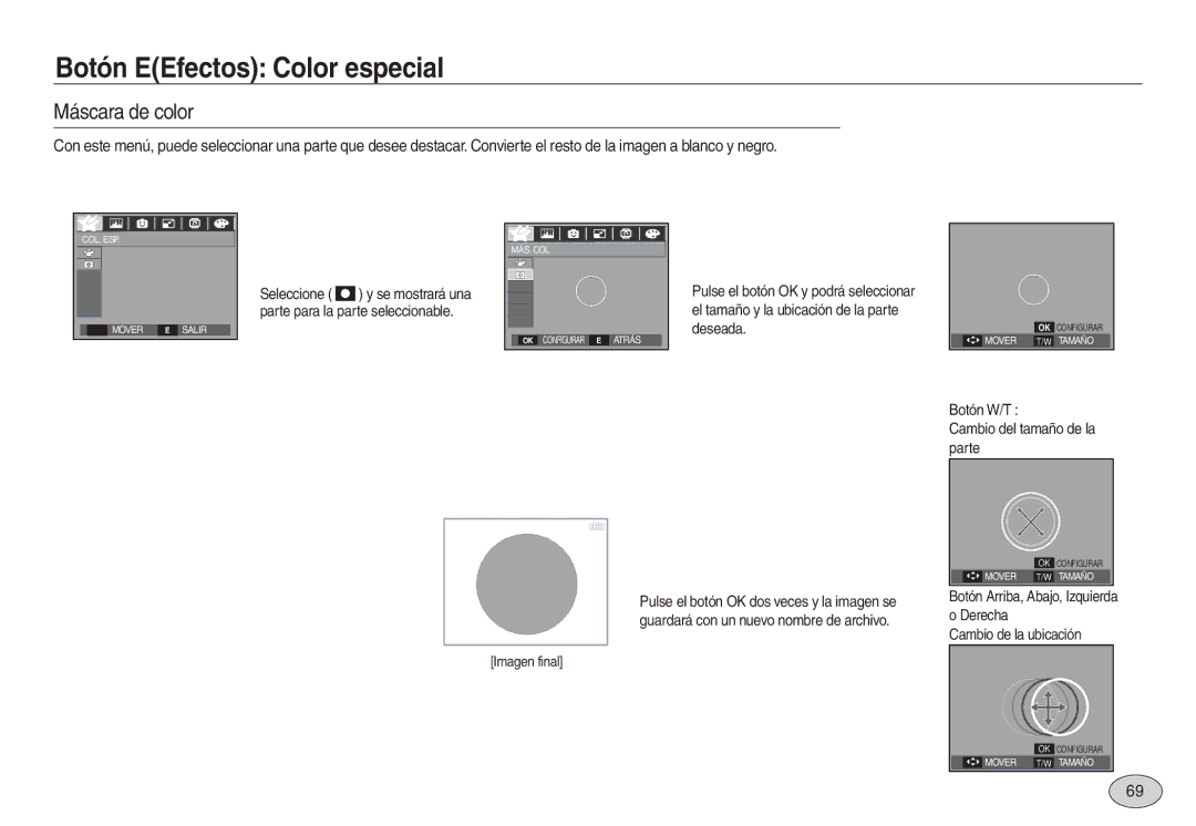 Samsung EC-L730ZRBA/E1, EC-L830ZBBA/E1, EC-L830ZRBA/E1 manual Máscara de color, Botón W/T Cambio del tamaño de la parte 