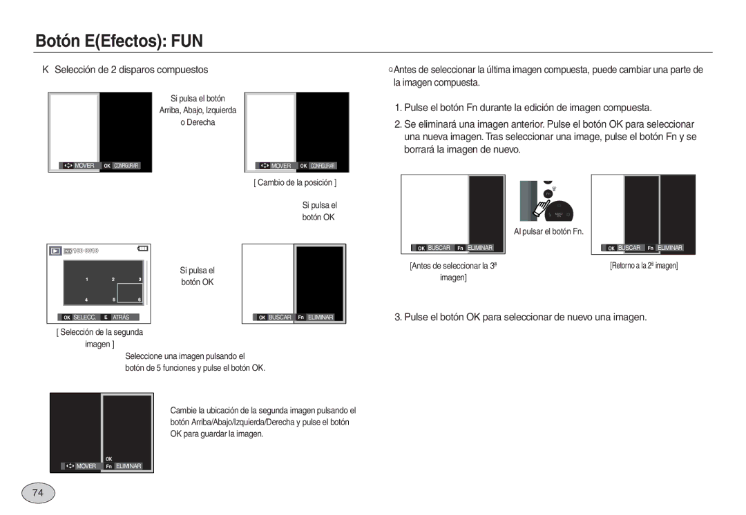 Samsung EC-L730ZRDA/E1 manual ※ Selección de 2 disparos compuestos, Pulse el botón OK para seleccionar de nuevo una imagen 