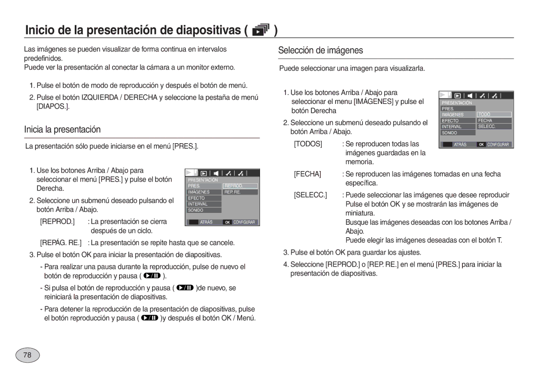 Samsung EC-L830ZSBB/E1 manual Inicio de la presentación de diapositivas, Selección de imágenes, Inicia la presentación 