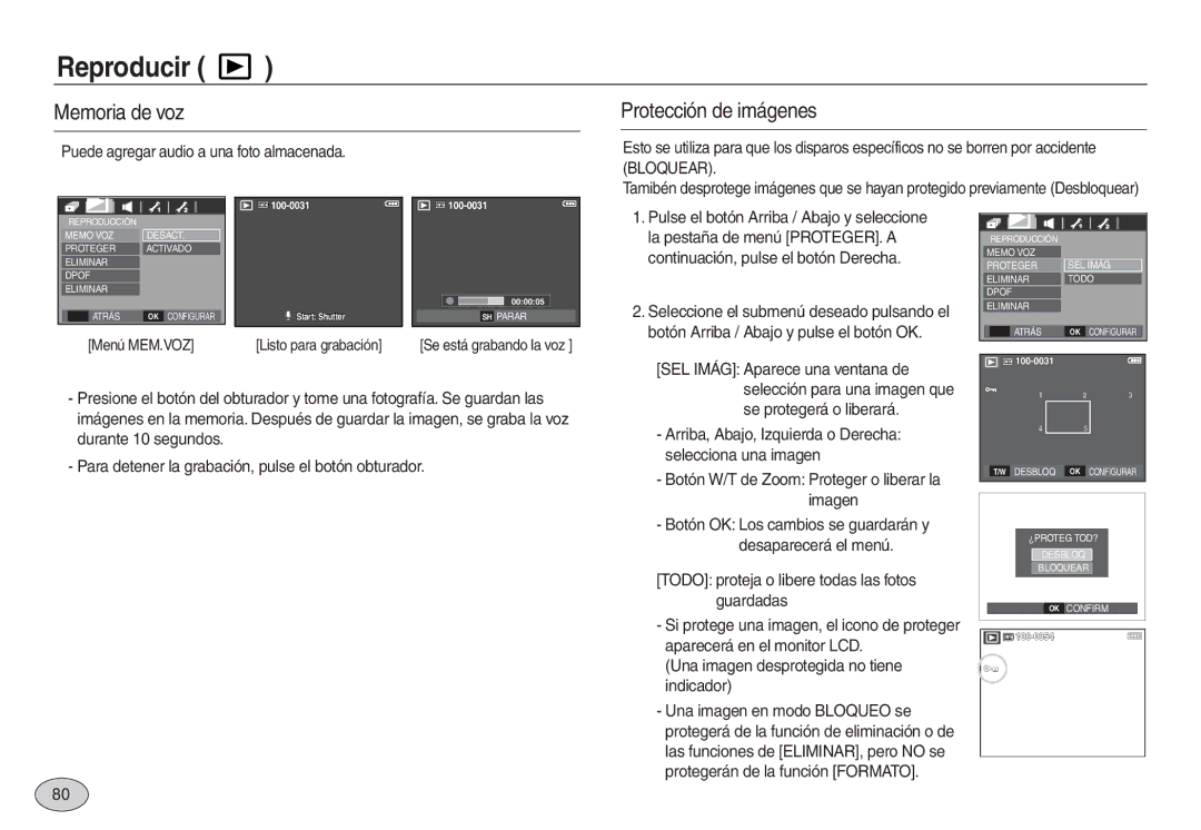 Samsung EC-L830ZSBA/GB, EC-L830ZBBA/E1, EC-L830ZRBA/E1, EC-L730ZSDA/E3 Reproducir, Memoria de voz, Protección de imágenes 