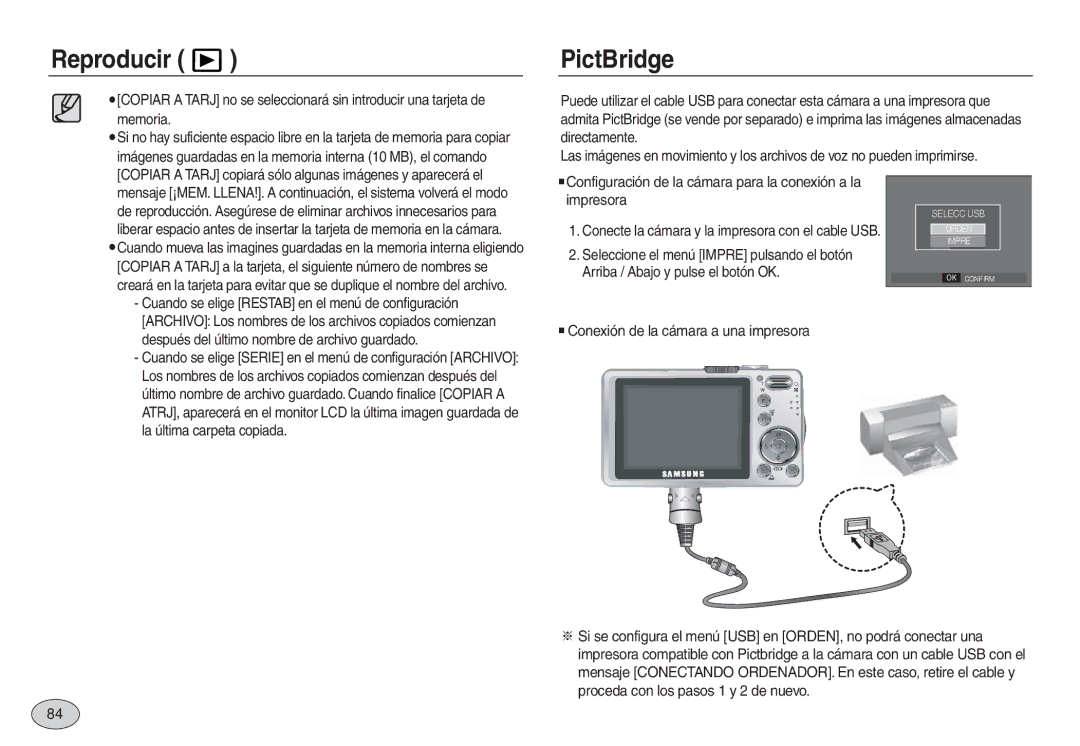 Samsung EC-L730ZRBA/AS, EC-L830ZBBA/E1 manual PictBridge, Configuración de la cámara para la conexión a la impresora 