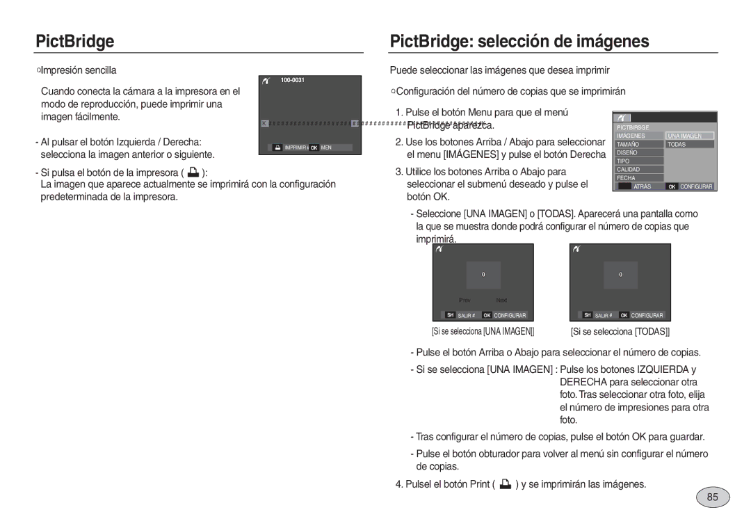 Samsung EC-L730ZBBB/E1 manual PictBridge PictBridge selección de imágenes, Impresión sencilla, PictBridge aparezca 