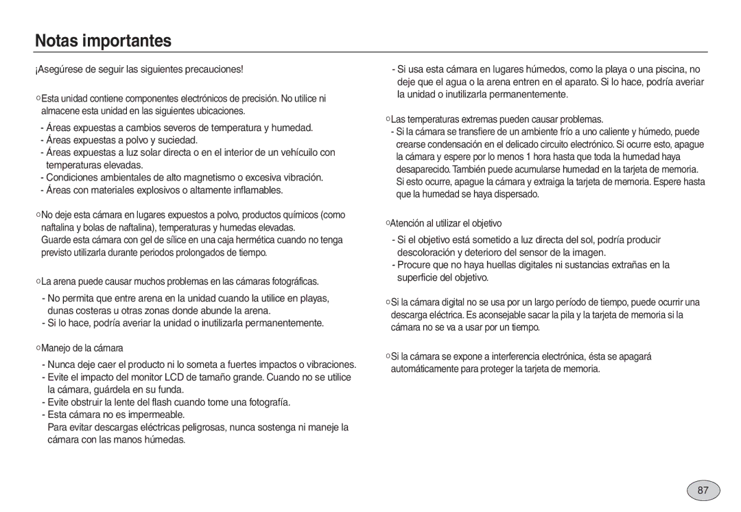 Samsung EC-L830ZRBC/E1, EC-L830ZBBA/E1, EC-L830ZRBA/E1 Notas importantes, ¡Asegúrese de seguir las siguientes precauciones 