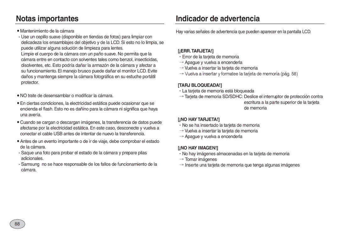 Samsung EC-L830ZRBB/E1, EC-L830ZBBA/E1, EC-L830ZRBA/E1, EC-L730ZSDA/E3 manual Indicador de advertencia, ¡ERR. Tarjeta 