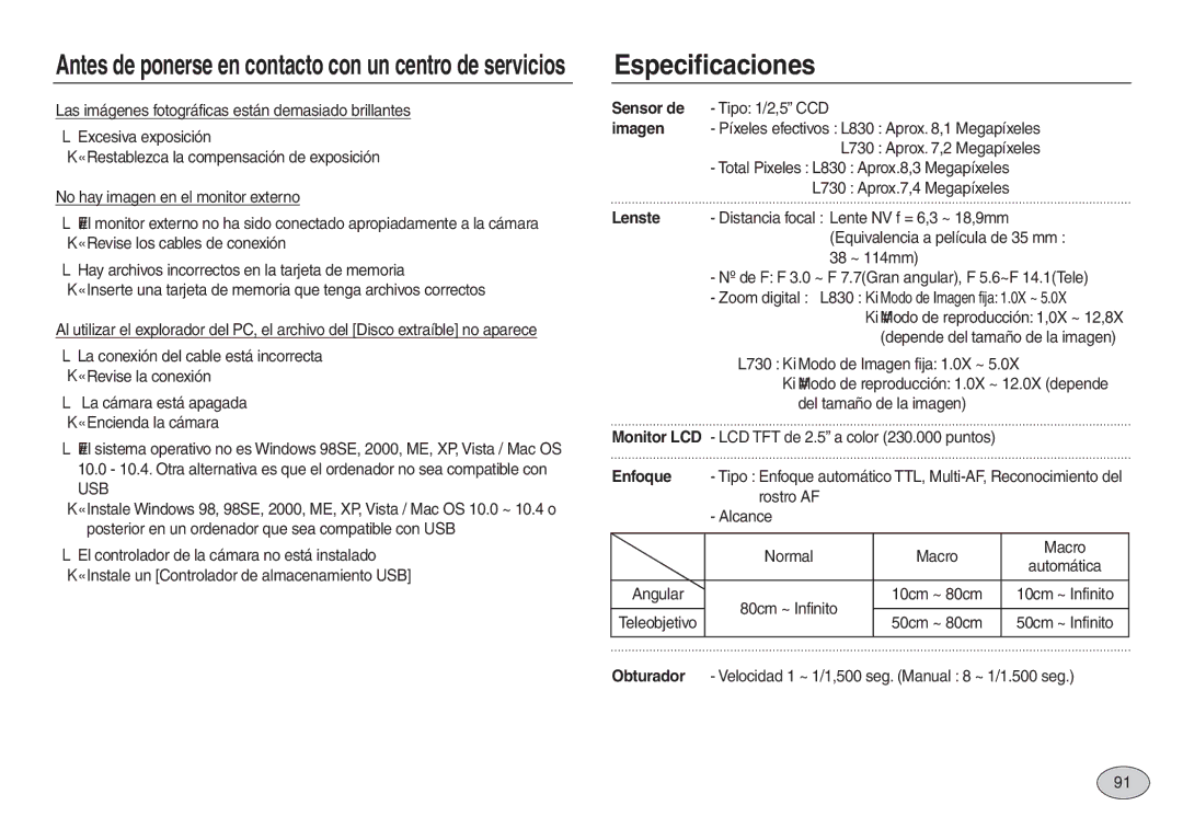 Samsung EC-L830ZBBA/AS, EC-L830ZBBA/E1, EC-L830ZRBA/E1, EC-L730ZSDA/E3 manual Especificaciones, Usb, Sensor de Tipo 1/2,5 CCD 