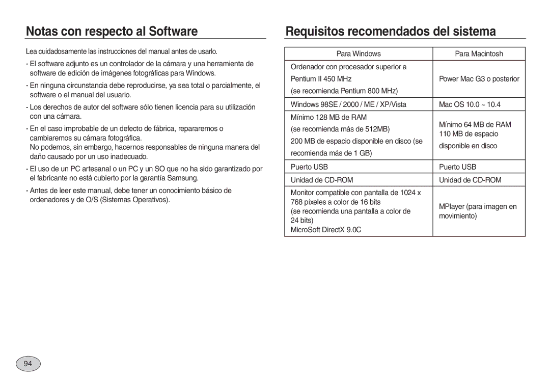 Samsung EC-L730ZRBC/E1 manual Notas con respecto al Software, Requisitos recomendados del sistema, Disponible en disco 