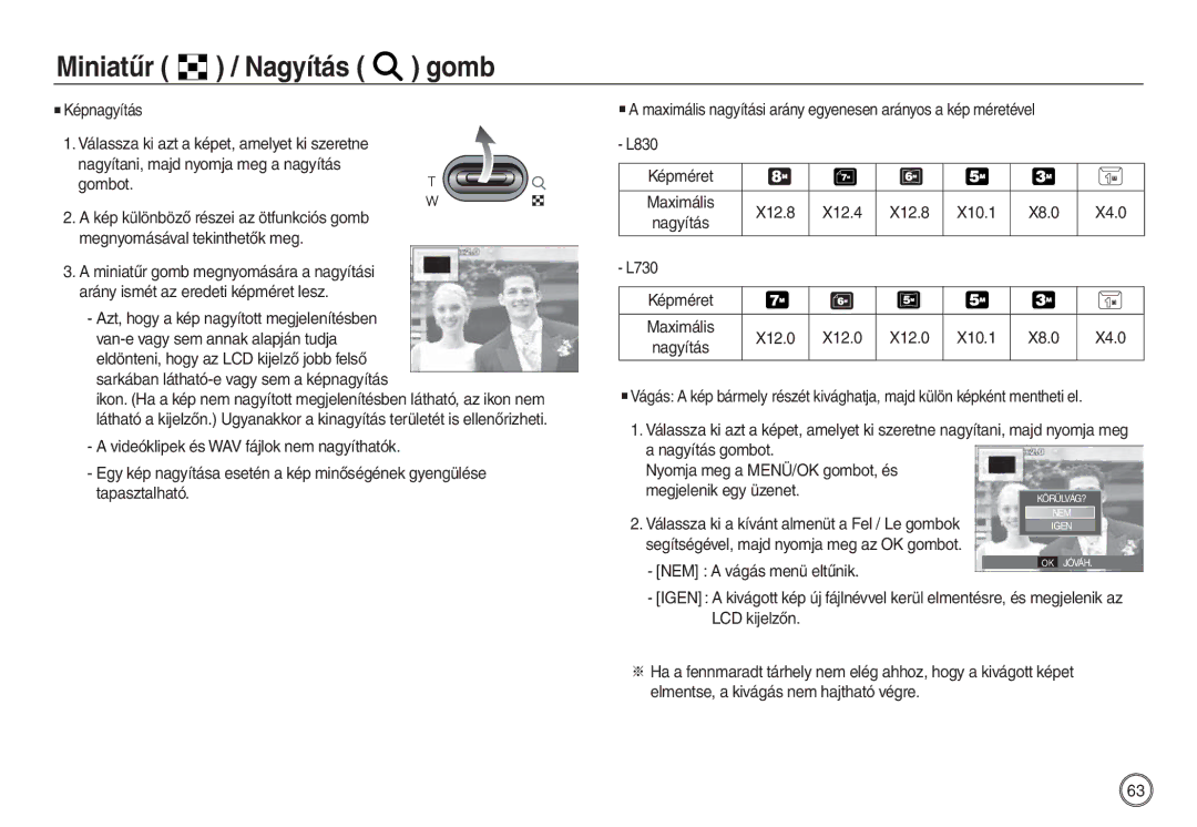 Samsung EC-L730ZRBA/E1 manual Miniatűr / Nagyítás gomb, Képnagyítás, X12.8 X12.4 X10.1 X8.0 X4.0, X12.0 X10.1 X8.0 X4.0 