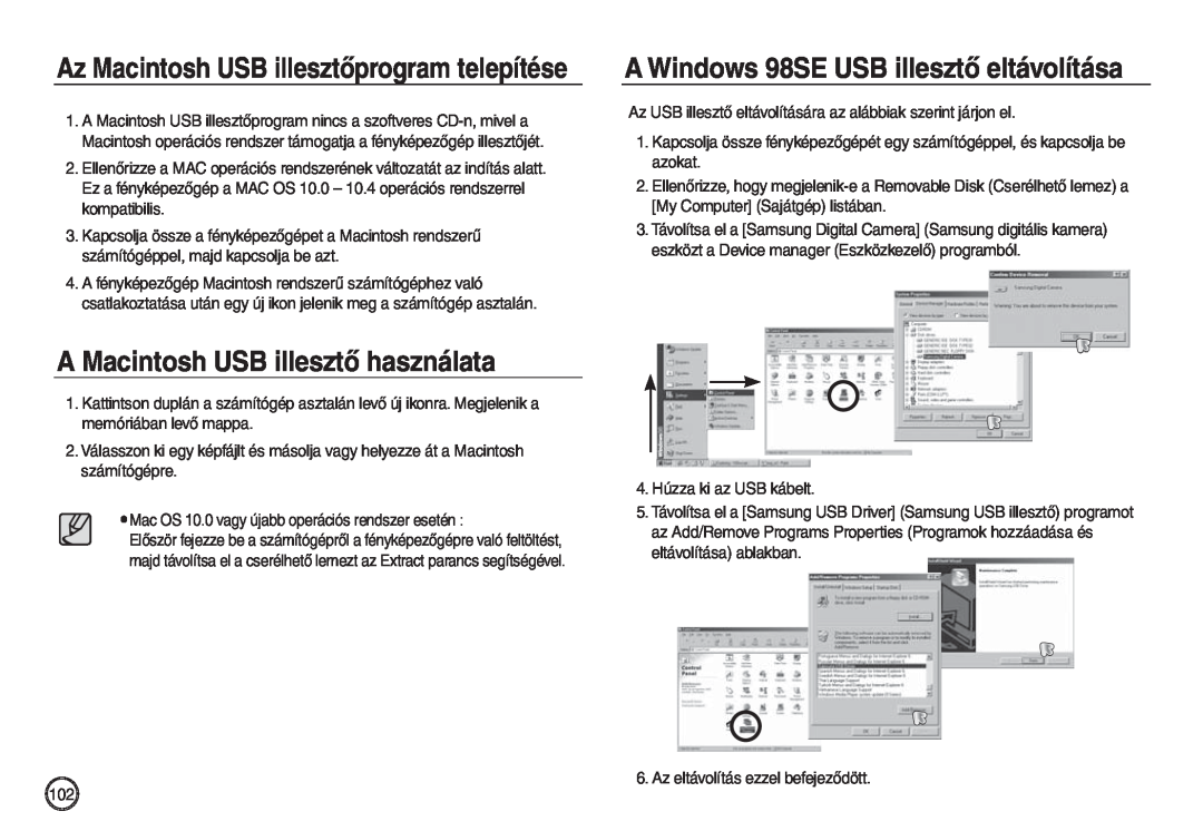 Samsung EC-L730ZBDA/E3, EC-L830ZBBA/E1 manual A Macintosh USB illesztő használata, A Windows 98SE USB illesztő eltávolítása 
