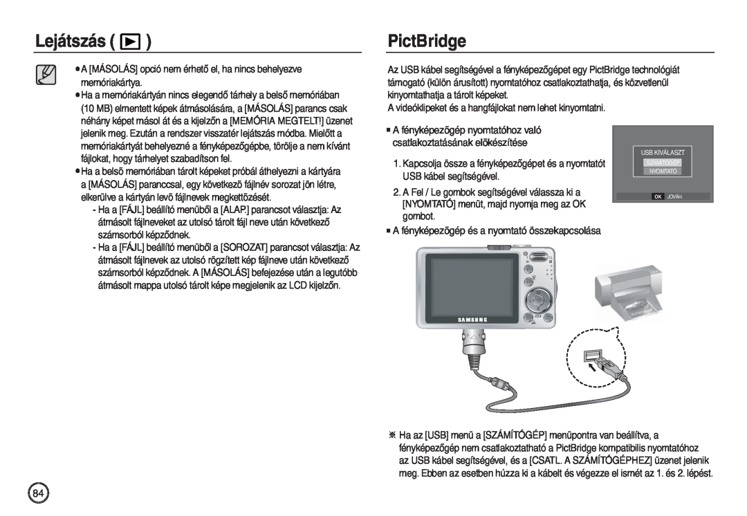 Samsung EC-L830ZRBA/E2 manual PictBridge, Lejátszás, A MÁSOLÁS opció nem érhető el, ha nincs behelyezve memóriakártya 