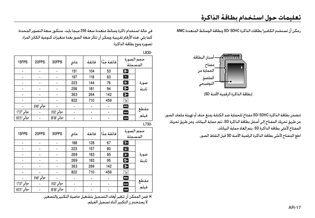 Samsung EC-L830ZBBA/E2, EC-L830ZR01KFR, EC-L830ZBBA/E1 manual ةﺮﻛاﺬﻟا ﺔﻗﺎﻄﺑ عﻮﻧو هﺮﻳﻮﺼﺗ, ﺔﻘﺋﺎﻓ اﺪﺟ ﺔﻘﺋﺎﻓ, ﺔﻠﺠﺴﻤﻟا, ﻊﻄﻘﻣ, L730 